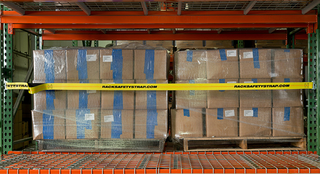 Pallet rack safety strap installed on a single deep row