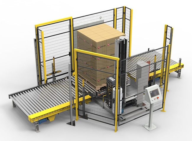 automated stretchwrapper with integrated conveyor system.