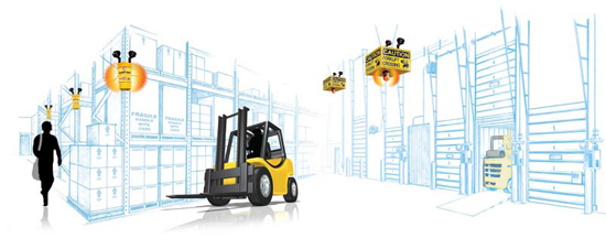 Pedestrian and forklift on background of pallet rack and dock doors with sensors directing traffic