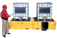 Twin IBC Spill Pallet - With 1 right side bucket shelf, and drain