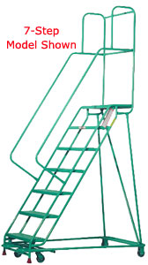 6 Step Traction Tread Welded Steel Mobile Ladder Stand w/ Handrail - 26"W x 12"D Platform
