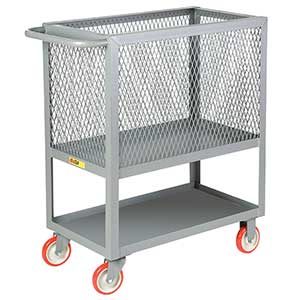 4-Sided Mesh Box Truck - Raised Platform with Shelf, 24" x 36" Deck, 5" Poly Casters