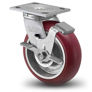 Swivel Caster with Side Lock - 5" x 2" Maroon Polyurethane on Aluminum Wheel with Radius Tread, 1000 lb. Cap.
