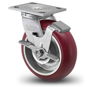 Swivel Caster with Side Lock - 6" x 2" Maroon Polyurethane on Aluminum Wheel with Radius Tread, 1250 lb. Cap.