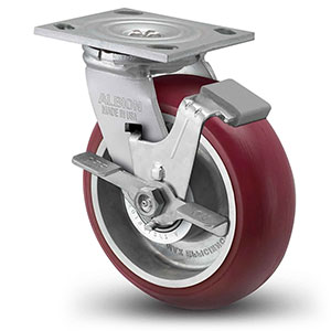 Swivel Caster with Side Lock - 8" x 2" Maroon Polyurethane on Aluminum Wheel with Radius Tread, 1250 lb. Cap.