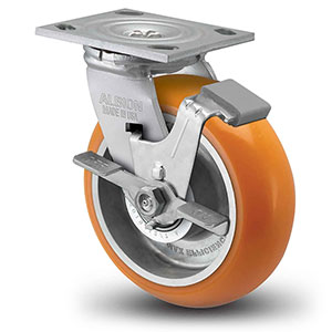 Swivel Caster with Side Lock - 4" x 2" Orange Polyurethane on Aluminum Wheel with Radius Tread, 800 lb. Cap.
