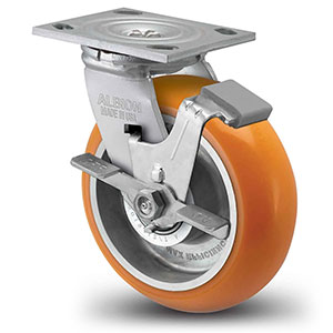 Swivel Caster with Side Lock - 5" x 2" Orange Polyurethane on Aluminum Wheel with Radius Tread, 1000 lb. Cap.