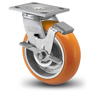 Swivel Caster with Side Lock - 6" x 2" Orange Polyurethane on Aluminum Wheel with Radius Tread, 1250 lb. Cap.