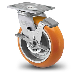 Swivel Caster with Side Lock - 8" x 2" Orange Polyurethane on Aluminum Wheel with Radius Tread, 1250 lb. Cap.