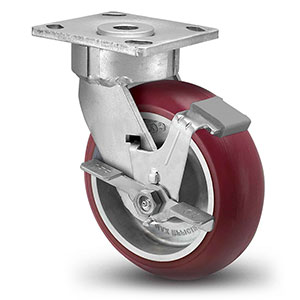 Swivel Caster with Side Lock - 5" x 2" Maroon Polyurethane on Aluminum Wheel with Round Tread, Maintenance-Free, 1000 lb. Cap.