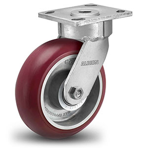 Swivel Caster - 6" x 2" Maroon Polyurethane on Aluminum Wheel with Round Tread, Maintenance-Free, 1250 lb. Cap.