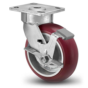 Swivel Caster with Side Lock - 8" x 2" Maroon Polyurethane on Aluminum Wheel with Round Tread, 1250 lb. Cap.