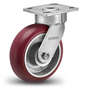 Swivel Caster - 8" x 2" Maroon Polyurethane on Aluminum Wheel with Round Tread, 1250 lb. Cap.