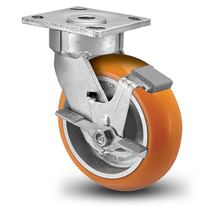 Swivel Caster with Side Lock - 4" x 2" Orange Polyurethane on Aluminum Wheel with Round Tread, Maintenance-Free, 800 lb. Cap.