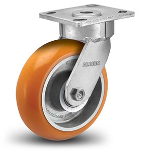 Swivel Caster - 4" x 2" Orange Polyurethane on Aluminum Wheel with Round Tread, Maintenance-Free, 800 lb. Cap.