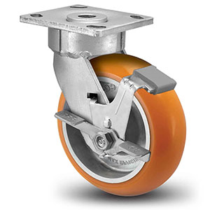 Swivel Caster with Side Lock - 5" x 2" Orange Polyurethane on Aluminum Wheel with Round Tread, Maintenance-Free, 1000 lb. Cap.