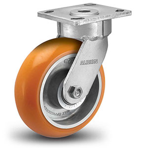 Swivel Caster - 5" x 2" Orange Polyurethane on Aluminum Wheel with Round Tread, Maintenance-Free, 1000 lb. Cap.