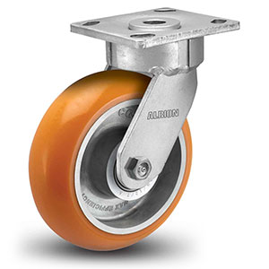 Swivel Caster - 6" x 2" Orange Polyurethane on Aluminum Wheel with Round Tread, Maintenance-Free, 1250 lb. Cap.