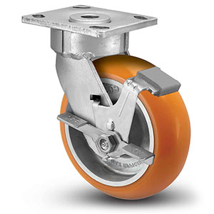 Swivel Caster with Side Lock - 8" x 2" Orange Polyurethane on Aluminum Wheel with Round Tread, 1250 lb. Cap.