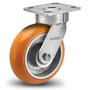 Swivel Caster - 8" x 2" Orange Polyurethane on Aluminum Wheel with Round Tread, 1250 lb. Cap.