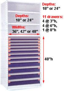Modular Drawer Shelving Insert, 36w x 18d x 48h, 11 Drawers