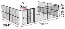 3-Wall Woven Wire Security Cage, No Ceiling, 30'6" x 20'4" x 10'5-1/4" with 5' Sliding Gate