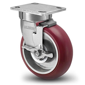 Swivel Caster with Side Lock - 5" x 2" Maroon Polyurethane on Aluminum Wheel with Round Tread, Kingpinless, 1000 lb. Cap.
