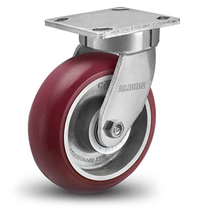 Swivel Caster - 5" x 2" Maroon Polyurethane on Aluminum Wheel with Round Tread, Kingpinless, 1000 lb. Cap.