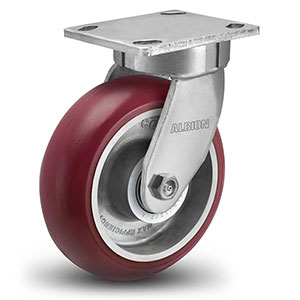 Swivel Caster - 6" x 2" Maroon Polyurethane on Aluminum Wheel with Round Tread, Kingpinless, 1250 lb. Cap.