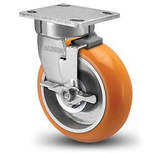 Swivel Caster with Side Lock - 4" x 2" Orange Polyurethane on Aluminum Wheel with Round Tread, Kingpinless, 800 lb. Cap.