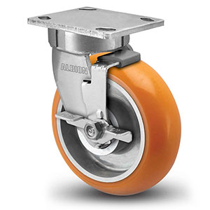 Swivel Caster with Side Lock - 5" x 2" Orange Polyurethane on Aluminum Wheel with Round Tread, Kingpinless, 1000 lb. Cap.