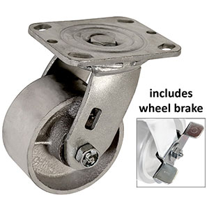 D Series Swivel Caster with Brake - 4" x 2" Cast Iron Wheel - 800 lb. Cap.