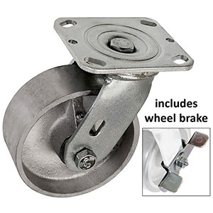 D Series Swivel Caster with Brake - 5" x 2" Cast Iron Wheel - 1,000 lb. Cap.
