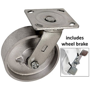 D Series Swivel Caster with Brake - 6" x 2" Cast Iron Wheel - 1,200 lb. Cap.