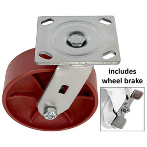 D Series Swivel Caster with Brake - 6" x 2" Ductile Steel Wheel - 2,000 lb. Cap.
