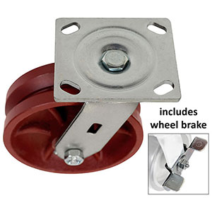 D Series Swivel Caster with Brake - 6" x 2" V-Groove Iron Wheel - 1,000 lb. Cap.