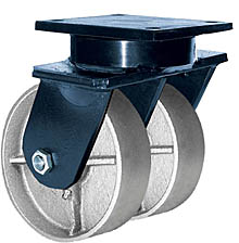 85 Series Swivel Dual Caster - 8" x 3" Cast Iron Wheels - Tapered Bearings - 6,000 lb. Cap.