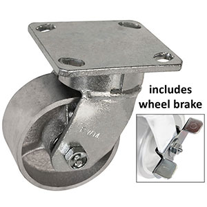 F Series Swivel Caster with Brake - 4" x 2" Cast Iron Wheel - 800 lb. Cap.