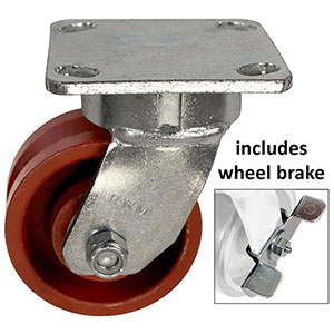 F Series Swivel Caster with Brake - 4" x 2" V-Groove Iron Wheel - 800 lb. Cap.