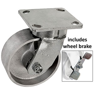 F Series Swivel Caster with Brake - 5" x 2" Cast Iron Wheel - 1,000 lb. Cap.