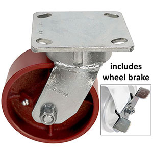 F Series Swivel Caster with Brake - 5" x 2" Ductile Steel Wheel - 2,000 lb. Cap.