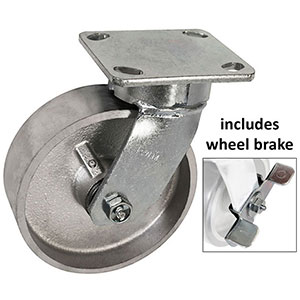 F Series Swivel Caster with Brake - 6" x 2" Cast Iron Wheel - 1,200 lb. Cap.