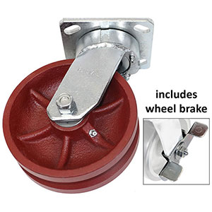 F Series Swivel Caster with Brake - 6" x 2" V-Groove Iron Wheel - 1,000 lb. Cap.