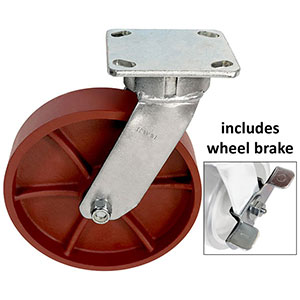 F Series Swivel Caster with Brake - 8" x 2" Ductile Steel Wheel - 2,000 lb. Cap.