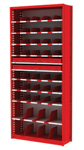 Small Parts Bin and Drawer Shelving - 38"W x 12"D x 84"H, 10 Adjustable Shelves, 43 Bins, 12 Drawers
