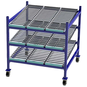 Mobile Carton Flow Rack - 4'W x 4'D x 4'6"H - 3 Levels with (3) 15" Roller Lanes Per Level
