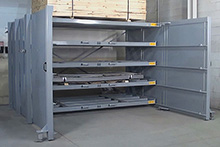 Folding Roll-Out Sheet Metal Rack 84"H, 4 Shelf, 48" x 96" Sheet, 5500 lb. Shelf Capacity
