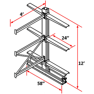 Cantilever Rack Double Sided Adder - 12'H x 4'W - (6) 24" Arms 4,100 lb. Cap. ea.