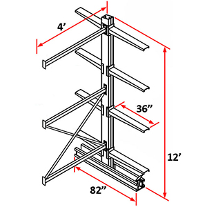 Cantilever Rack Double Sided Adder - 12'H x 4'W - (8) 36" Arms 2,750 lb. Cap. ea.