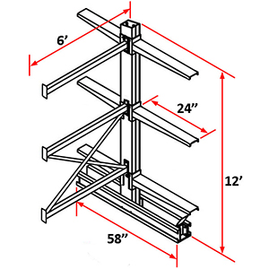 Cantilever Rack Double Sided Adder - 12'H x 6'W - (6) 24" Arms 4,100 lb. Cap. ea.
